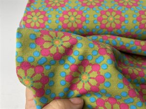 Bomuldsjersey - retro blomster på olivengrøn bund